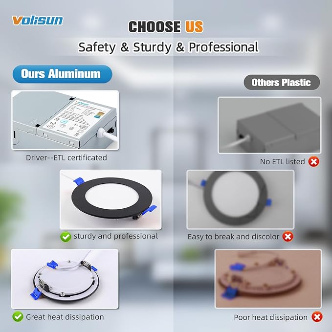 VOLISUN 12 Pack 6 inch Recessed Lighting, 5CCT LED Recessed Light Black, 2700K-5000K Selectable, 13W Eqv 120W, 1080LM Dimmable Canless Wafer Downlight, LED Ceiling Light ETL Certificated