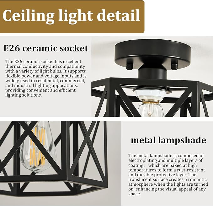 Modern Farmhouse Semi Flush Mount Ceiling Light,Industrial Black Ceiling Lighting Fixture,Hexagonal Close to Ceiling Lights for Kitchen, Hallway, Entryway, Bedroom,Foyer,Laundry Room,9.5 Inch