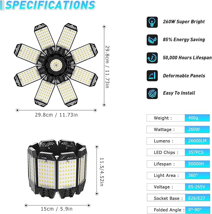 ISKYDRAW LED Garage Light 260W, 26000LM 6500K Garage Ceiling Lights with 8+1 Deformable Panels, Screw in E26 E27 Bulb Bright Bay Lighting for Basement, Shop, Workshop, Barn, Attic