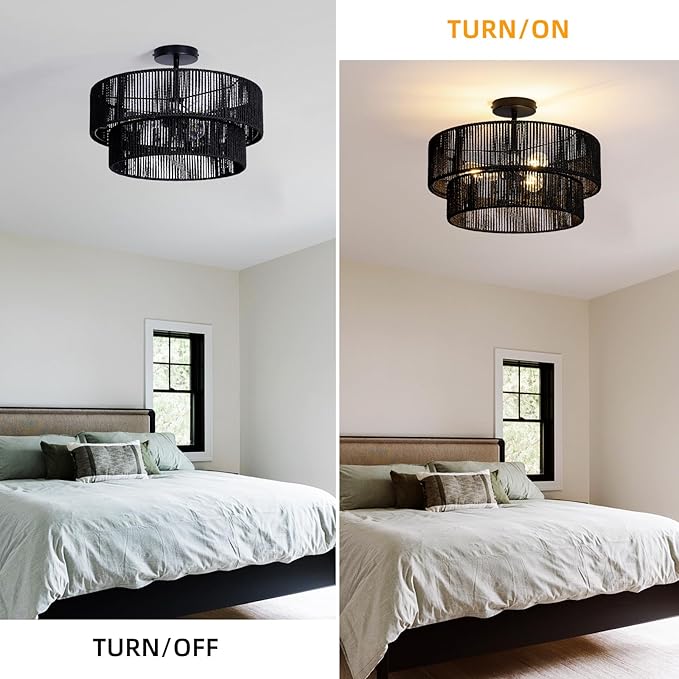 Black Boho Light Fixtures Ceiling Mount 18'' Coastal Hemp Rope Semi Flush Mount Ceiling Light Fixture 3-Light Rattan Light Fixtures with 2-Tier Drum Shade for Dining Room Kitchen Entry