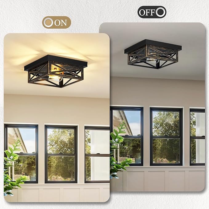 Black Flush Mount Ceiling Light Fixture,2-Light Square Rustic Vintage Metal Black Hallway Light Fixtures Ceiling for Farmhouse,Kitchen,Hall,Bedroom (2 Pack)