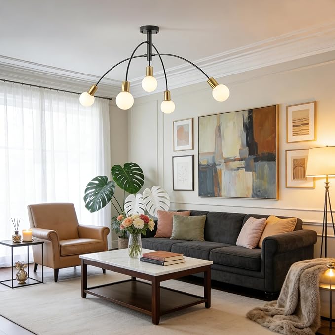 Mid Century Semi Flush Mount Dining Room Ceiling Light Fixture,Modern 5 Light Gold and Black Sputnik Kitchen Island Chandelier for Living Room Bedroom
