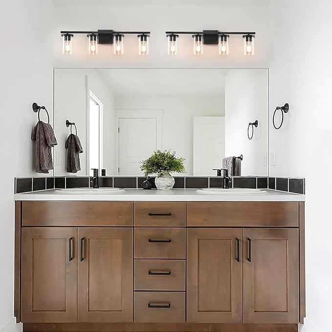 27in Bathroom Light Fixture Over Mirror, 4-Light Matte Black Vanity Lights with Clear Glass Shades, Modern Wall Sconces for Living Room, Bedroom, Hallway, E26 Base