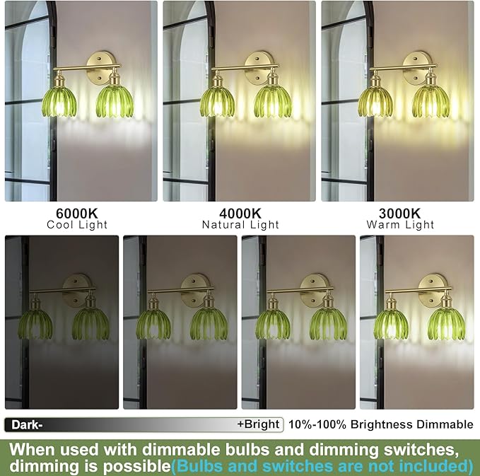 Vintage Bathroom Light Fixtures,2-Light Hardwired Vanity Lights with Green Tulip Glass Shade,Gold Bathroom Vanity Light for Mirror Restroom,E26 Socket,14.57 in(Bulbs Not Included)