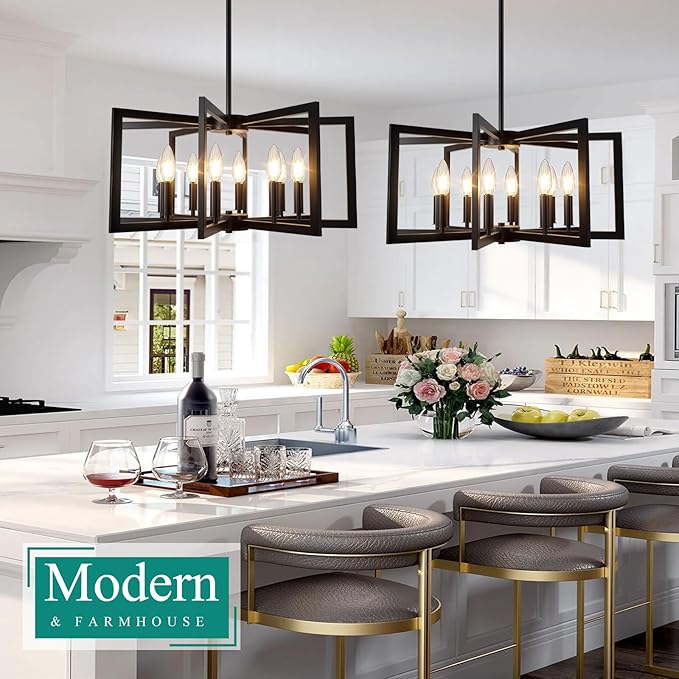 Bairth 8-Light Black Chandelier, Farmhouse Dining Room Light Fixture, Modern Chandelier, Geometric Industrial Metal Hang Lighting Fixture for Foyer Entryway Kitchen Over Table Hallway Living Room
