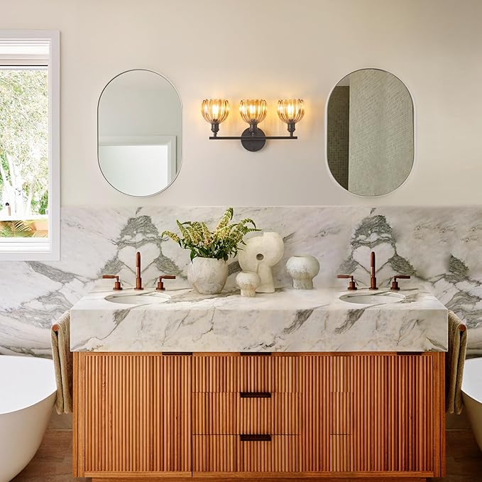 Shenmoyl Bathroom Light Fixtures, 3-Light Black Vanity wall Light Over Mirror with Amber Tulip Glass Shade for Bedroom Living Room (Bulb Not Included)
