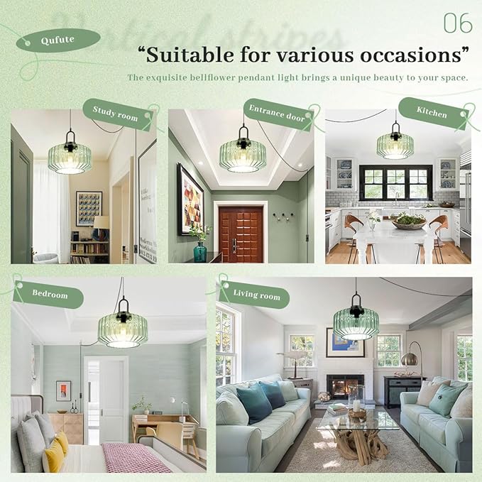 Light Green Hanging Lamp Plug-in Pendant Lights Vintage Pendant Lamps with 14.7 ft Cord Modern Glass Hanging Light Plug in Chandelier Lighting Large Striped Shade Mid Century Swag Lamp