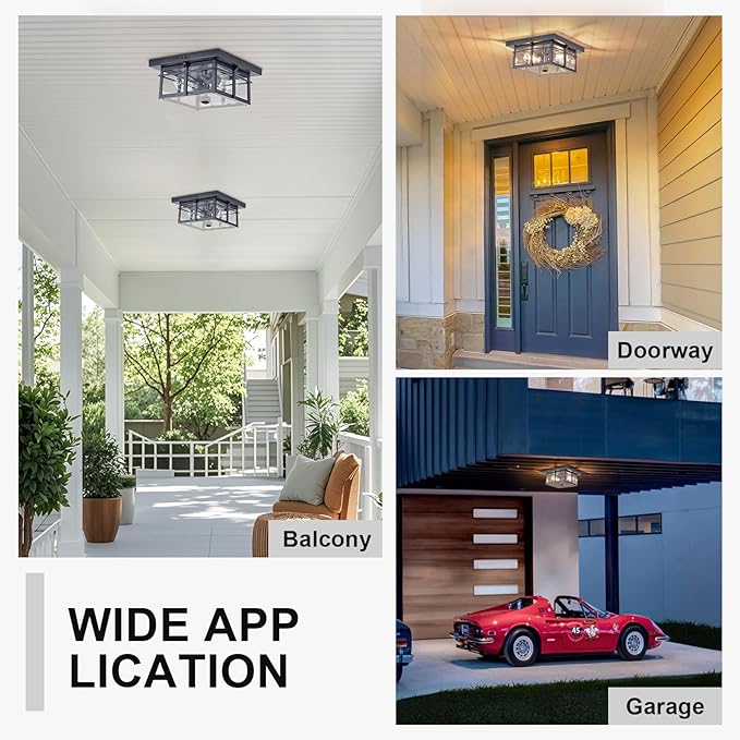 Motion Sensor Outdoor Flush Mount Ceiling Light, Industrial Glass Rustic Wood-Like Finish 2-Light Ceiling Lamp for Porch, Entryway, Garage, Timer and Sensitivity Adjustable (Black-Square)