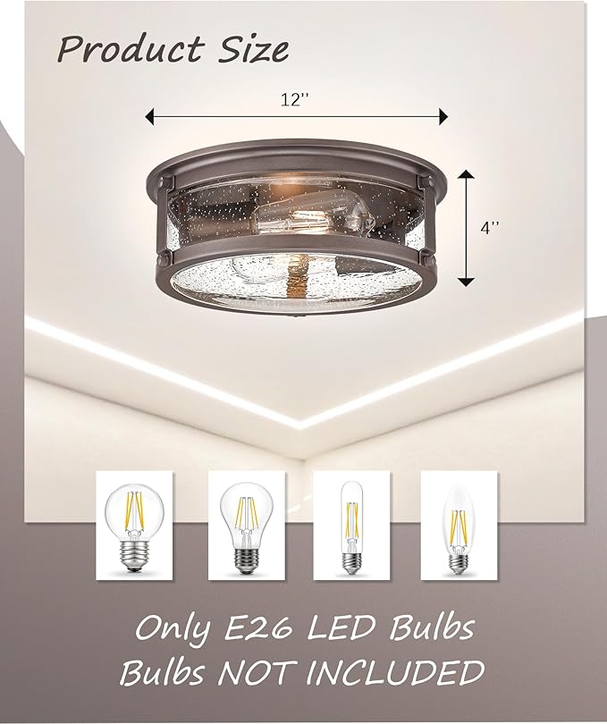 Industrial Flush Mount Light Fixture, 2-Light Farmhouse Ceiling Lights for Hallway,Kitchen,Stairways,Bedroom,Oil Rubbed Bronze Finish 2PK