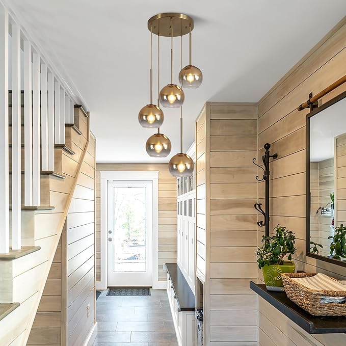 KCO Lighting 5 Light Cluster Pendant Lighting Gold Glass Pendant Light Mid Century Modern Dining Room Light Fixture Small Globe Cluster Chandelier Light Fixture