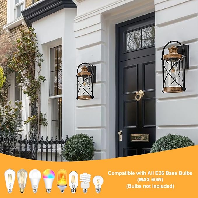 Dusk to Dawn Outdoor Wall Lights Fixtures, Waterproof Exterior Lighting Fixtures with Photocell Sensor,Vintage Faux Wood Grain Metal Cage Lantern Outside Lights for Porch Patio House Garage(2 Pack)