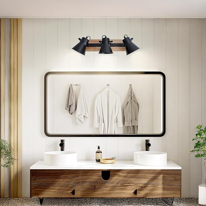 SEEBLEN 3-Lights Track Lighting Fixtures Ceiling,Farmhouse Wood Flush Mount Ceiling Light, Multi-Directional Kitchen Sink Light, Rustic Track Lighting for Kitchen Living Room, Dining Table, Foyer