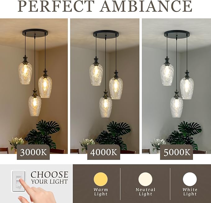 3-Light Pendant Lighting, Black Dining Room Chandelier Light Fixture Over Table with Hammered Glass, Modern Cluster Hanging Lights for Kitchen Island Sink, E26