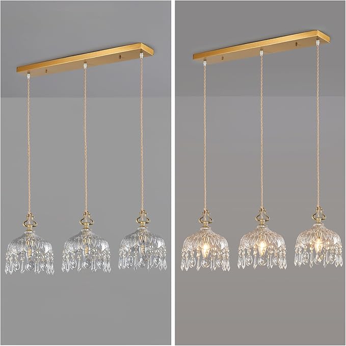 3-Light Pendant Light Fixtures Brass Vintage Glass Pendant Lights Crystal Hanging Light Fixtures,Adjustable Height Pendant Lighting for Dining Room Living Room Bedroom Hallway(Long Chassis)