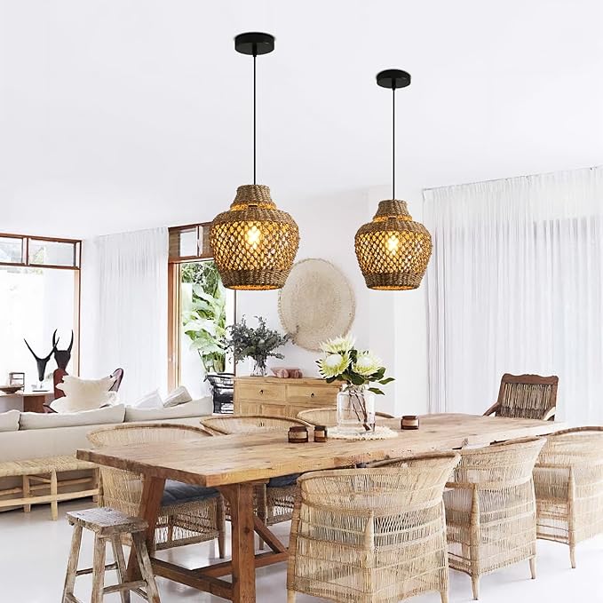 Rattan Pendant Light Fixtures,11.02" Boho Rattan Pendant Light,2-Pack Hand Woven Seagrass Chandelier for Workplace Occasions Restaurants Dining Living Bedroom Kitchen Farmhouse