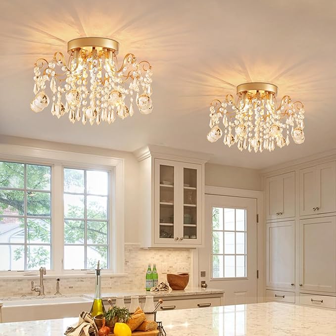 Rain Drop Crystal Small Crystal Chandelier Ceiling Light 3-Light Fixture Modern Chrome Iron Material Suitable for Bedrooms, Hallways, Walk-in Closets, Entryways, Stairwells (Gold)