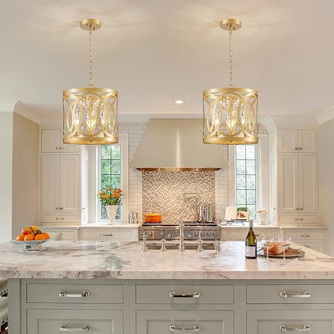 WUZUPS Crystal Chandelier 3-Light Vintage Farmhouse Pendant Ceiling Light Lighting Fixture for Foyer Diningroom Bedroom Hallway Storage Kitchen Bathroom, H 10.8" W 11.8", E12 Base, Gold