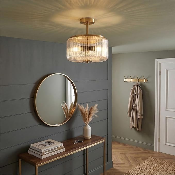 3-Light Gold Semi Flush Mount Ceiling Light, 11.8" Modern Hallway Light Fixtures Ceiling Mount with Ribbed Clear Glass Shade, Bright Close to Ceiling Lamp for Bedroom/Kitchen/Entryway/Dining Room