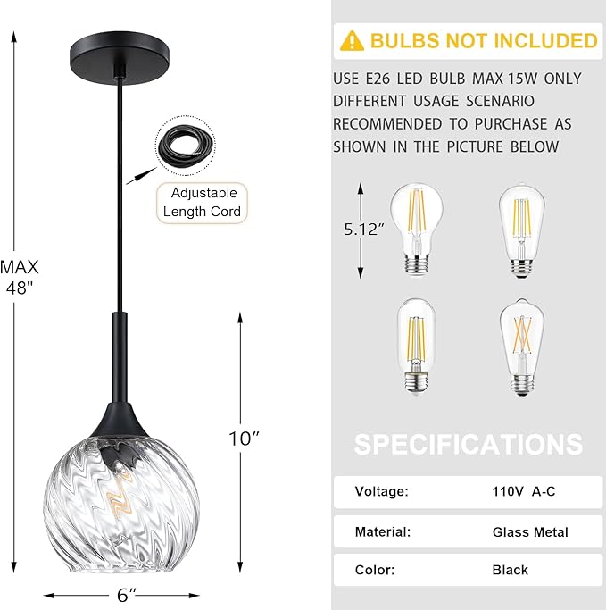 1 Light Pendant Ceiling Light Hanging Modern Farmhouse Indoor Fixture 6" Clear Textured Glass Black Finish Dinning Over Sink Kitchen Island