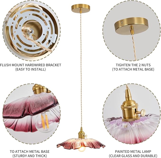 Pendant Lights Kitchen Island Glass Vintage Hanging Light Fixture Purple Flower Light E26 Gold Lights for Bedroom Kitchen Hallway Light Fixtures Bathroom Purple Sunflower Light 2 Pack