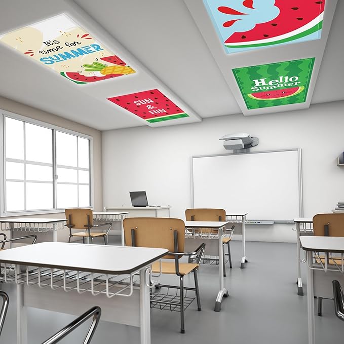 8 Pcs Fluorescent Light Covers with 80 Magnets Decorative for Classroom Ceiling Lights 4 x 2 Feet Magnetic Light Cover Filter Easy Install for Office Hospital Home Ceiling Supplies (Summer Watermelon)