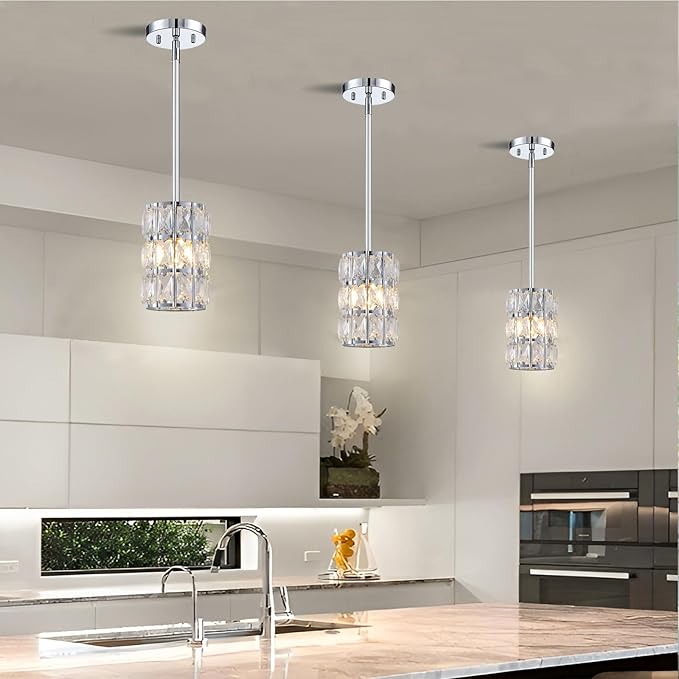 Modern Crystal Pendant Light 3-Pack Chrome Finish Pendant Lights Mini Crystal Chandelier Adjustable Hanging Ceiling Light Fixtures for Kitchen Island Dining Room Bedroom Entryway Hallway Bar