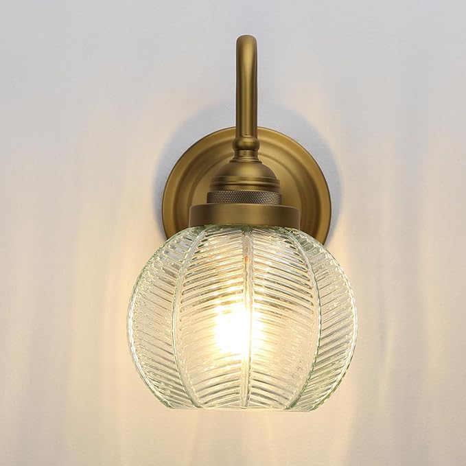 PERMO Vintage Wall Sconce with Clear Ribbed Glass Shade Retro Gold Sconce Bronze Bathroom Wall Light for Loft Kitchen Living Room Bedroom Hallway Doorway