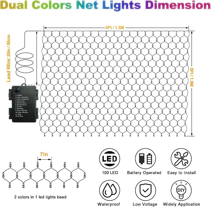 echosari Net Lights Battery Operated, 100 LED Dual Color Changing Bush Lights 5X 5Ft Christmas Net Light with Remote for Garden Shrub Bush Fence Decor (Warm White & Multicolor)