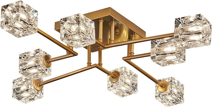 Vintage Gold Semi Flush Mount Ceiling Light 8-Light Glass Sputnik Chandeliers Mid Century Modern Crystal Ceiling Light Fixture for Living Room Dining Room Bedroom Kitchen Foyer