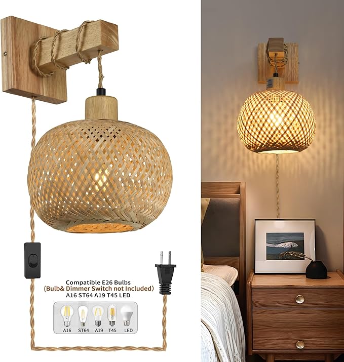 Boho Plug in Wall Sconces Set of Two,Vintage sconces wall Lighting for Bedroom Living Room Farmhouse Bamboo Shade- White