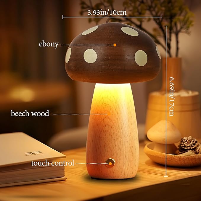 Wooden Mushroom Lamp - Rechargeable Touch Mushroom Night Light, Aesthetic Bedside Light Nature Decor Creative Gifts (Ebony + Beech)