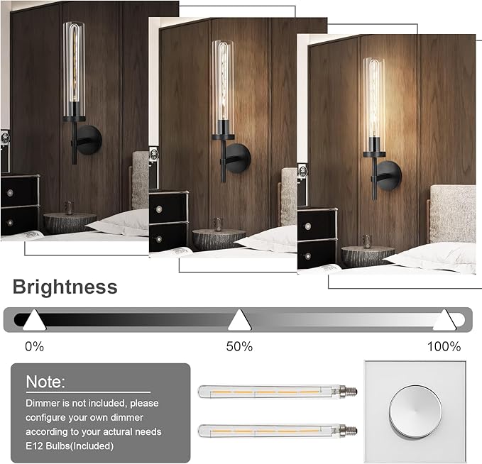 Black Wall Sconce, 19.48'' Brushed Brass Knurled Bathroom Sconces Wall Lighting Vanity Light with Clear Glass, Indoor Wall Mount Light for Living Room Mirror Bedroom Stairs