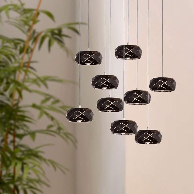 Crust 9 Mini Pendant Lighting Black - LED Hanging Light Fixture for Kitchen Island, Bar, Foyer - Cluster Pendants - Dimmable, Adjustable Wire, Lamp Bulb Included