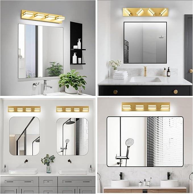 IZORRO LED Modern Bathroom Lights Fixtures(4-Light,Dimmable,360°Rotate),Brushed Glod Acrylic Wall Lighting,Vanity Lights for Bathroom Over Mirror - 6000k 24In (No Assembly Required)