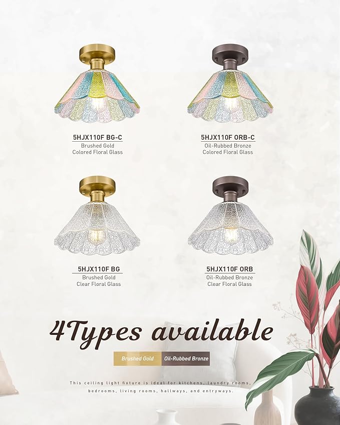 Gold Semi Flush Mount Ceiling Light, HWH 10 Inch Modern Hallway Light Fixtures Ceiling Mount for Kitchen Entryway Foyer, Glass Ceiling Lights in Brushed Gold Finish, Clear Floral Glass, 5HJX110F BG