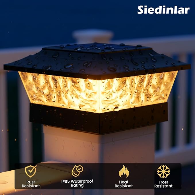 SIEDiNLAR Solar Post Lights Outdoor 12 LEDs 4 Modes Post Cap Light for 4x4 5x5 6x6 Vinyl Wooden Deck Fence Posts Patio Garden Decor, Warm/Cool White Dynamic Lighting (6 Pack, Black)