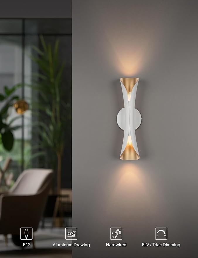 Tubicen Wall Sconces Dimmable Mid Century Theater Room Sconce Lights Up and Down Hardwired Modern Indoor Elegant Wall Lights for Living Room Bedroom Hallway Stair 15.7" H White and Gold