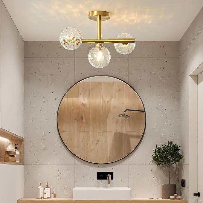 Modern Globe Glass Ceiling Light: 13 Inch Sputnik Semi Flush Mount Light with Hammered Clear Glass Shade - 3 Lights Gold Ceiling Lighting Fixture - Dimmable Linear Chandelier for Bedroom Living Room