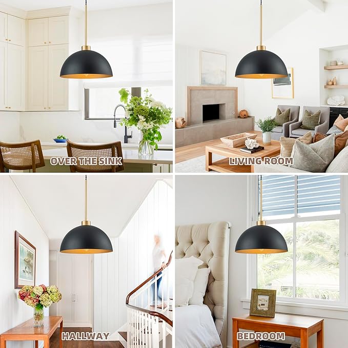 2 Pack Farmhouse Kitchen Island Pendant Lights, Black and Gold Dome Pendant Light Fixture with Metal Shade, Industrial Hanging Lighting for Dining Room Entryway Foyer, Height Adjustable