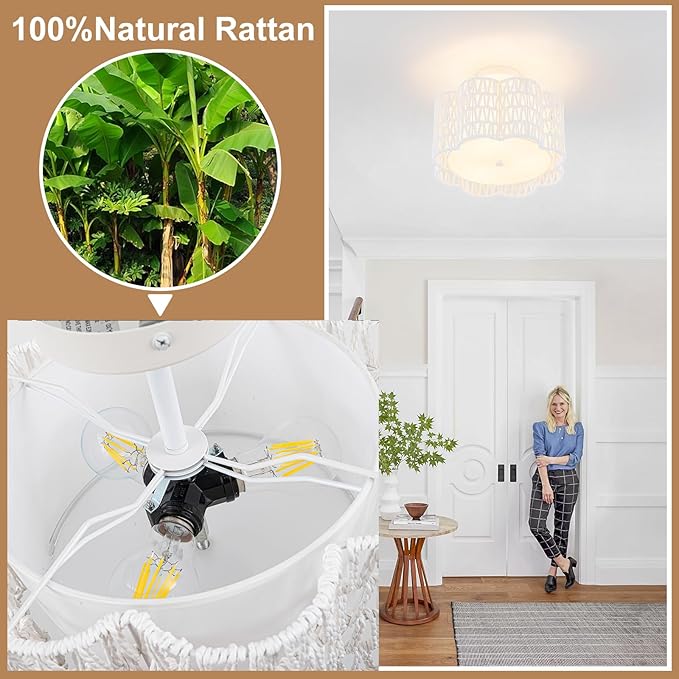 Tbaoinla✿ 13.8" Handwoven Rattan 3-Light | White Boho Flush Mount for Small Bedroom & Nursery, Midnight Blossom Woven Ceiling Light, Natural Fiber Bedroom Fixture, Low Profile Rattan Lighting