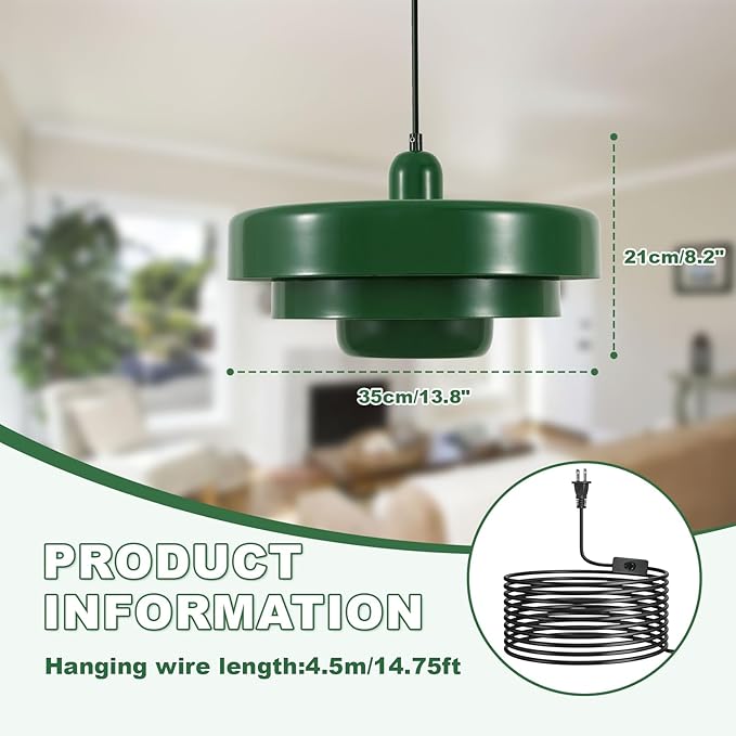Industrial Vintage Green Plug-in Pendant Light, Adjustable Hanging Lamp with Metal Shade & Switch, No Hardwire Ceiling Light for Kitchen, Living Room, Office, Bar, Farmhouse