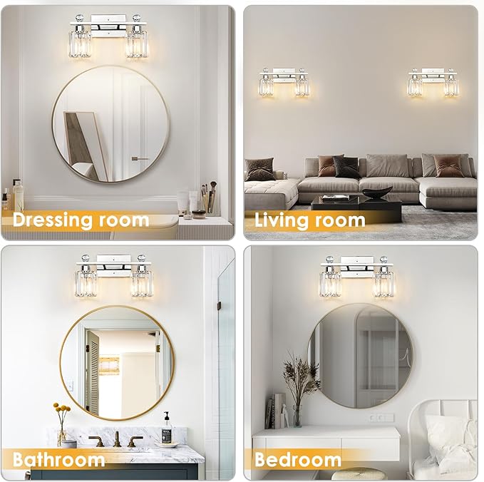2-Light Silvery Bathroom Light Fixtures,Modern Bathroom Vanity Lights Fixture with Clear Crystal Glass Shade,Brushed Silvery Bath Wall Mount Lights, Light Fixtures for Bedroom Living Room