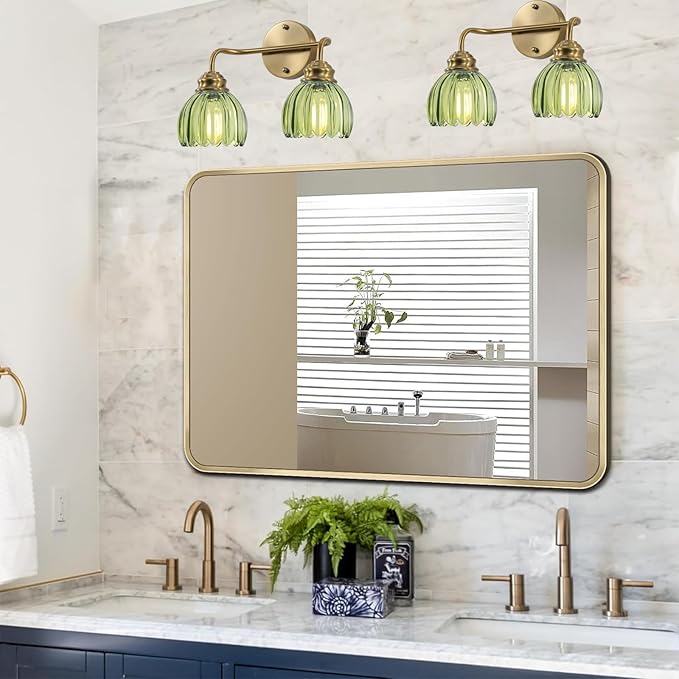 2 Light Vintage Bathroom Light Fixtures, Gold Bathroom Vanity Light, Brass Finish with Green Tulip Glass Shade, Wall Lighting for Bedroom, Living Room, Hallway,E26 Base