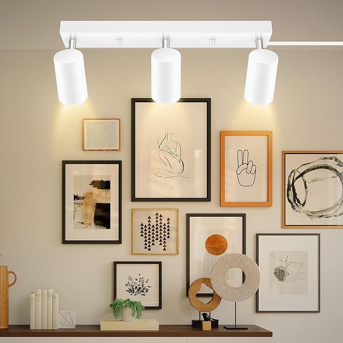 Plug in Track Lighting, 3 Light Ceiling Lighting Kit, White 3 Way Modern Wall Spotlight, 15 FT Cord,Flexibly Rotatable Complete Light Kits for Kitchen Cabinet Gallery Bar Living Room(No Bulb)
