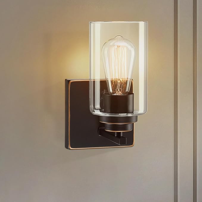 Pia Ricco Wall Sconces Set of 2, Bedside Wall Lamps with Switch for Bedroom, Modern Bathroom Light Fixtures with Clear Glass Shade, Oil Rubbed Bronze Sconces Wall Lights for Living Room, Hallway