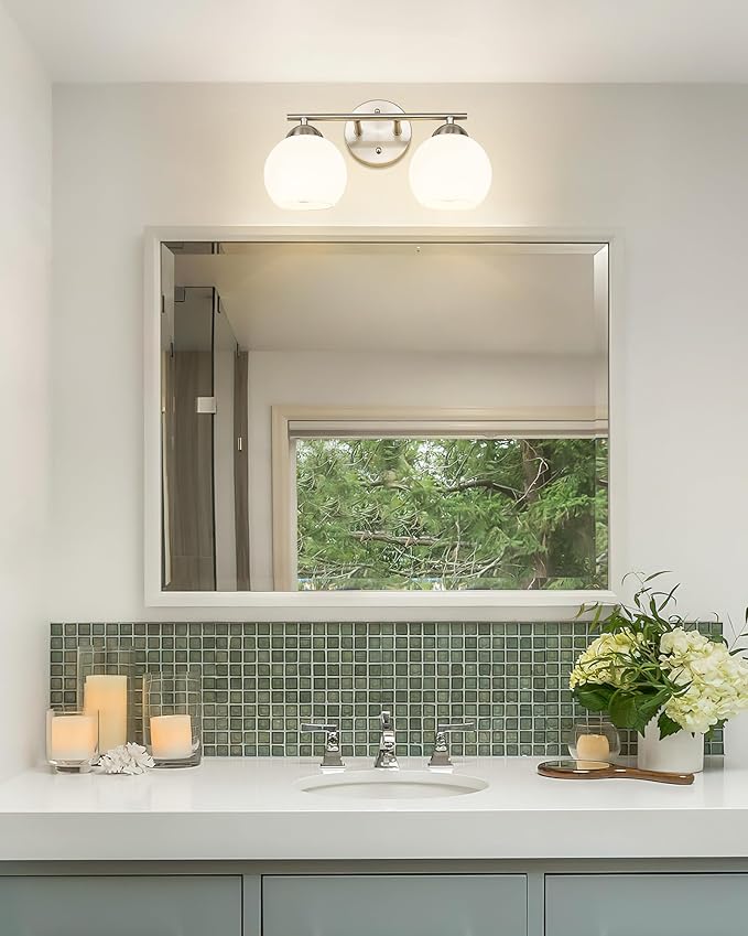 Emak Modern Globe Vanity Lights, Brushed Nickel Bathroom Light Fixtures, 2-Light Bathroom Vanity Light with Milk Glass Shade, VL114-BN-ML-2