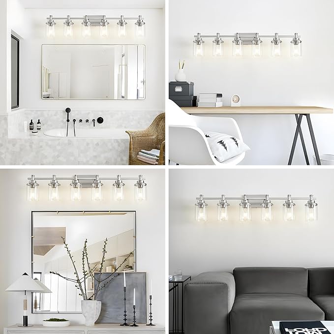 6-Light Bathroom Vanity Light, Brushed Nickel Fixtures Over Mirror, Wall Mount with Clear Glass Shade, Modern Wall Sconce