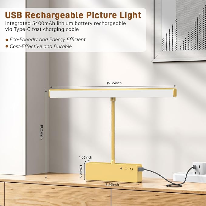 Picture Light, 15.35inch Wireless Picture Lights for Wall Rechargeable, 5400mAh Battery Wall Light with Remote, 3 Color Art Lighting for Paintings with Timer and Dimmable for Display, Gallery (Gold)