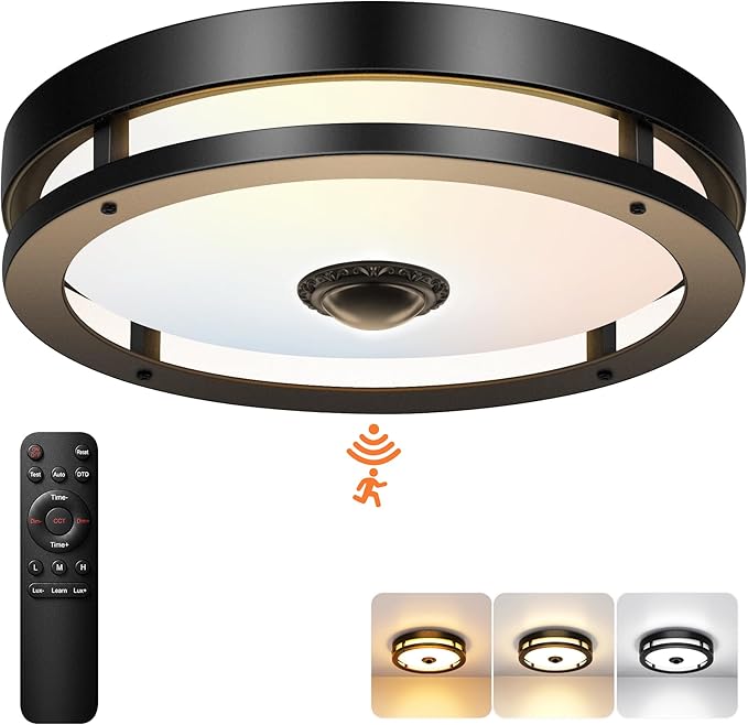 Outdoor Motion Sensor Ceiling Light with Remote,24W Dimmable & 2700K-5000K Adjustable Exterior Flush Mount Ceiling Lights,12" Outdoor Porch Light Fixture for Garage,Entryway,Patio,Black