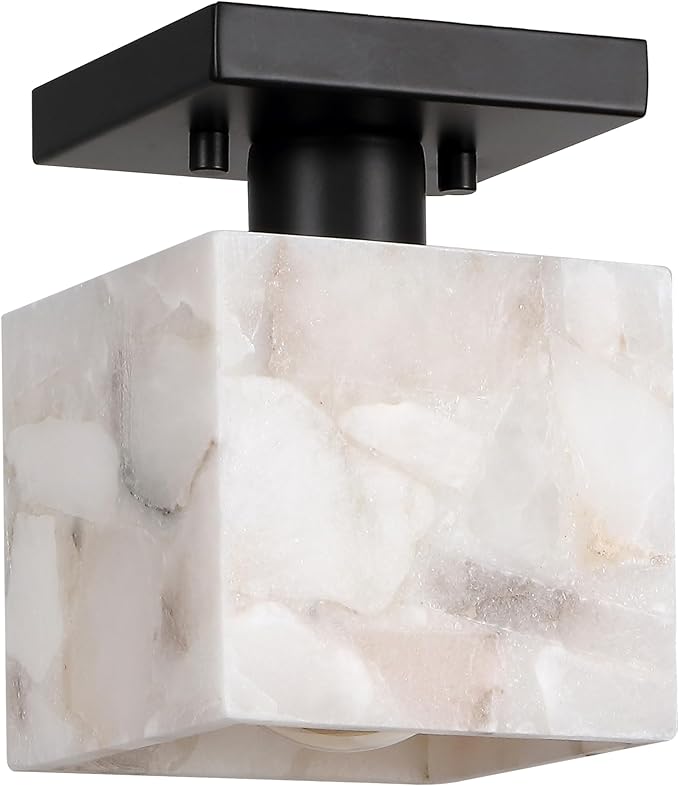 JONATHAN Y 5" White Marbling/Black Modern 1-Light Semi Flush Mount Ceiling Light for Bedroom, Cube White Alabaster Marble Shade, Mid-Century Minimalist Fixture, LED Bulb Included (JYL1202B)